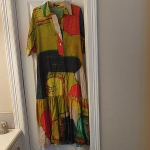 Colorblock Abstract Print Collared Midi Dress - Multi